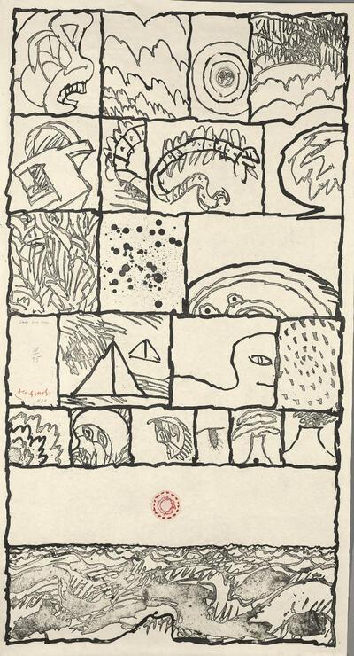 Pierre Alechinsky, Case par case, 1980, steendruk en kleurets op Japans papier, 1.708 x 925 mm Schenking van de kunstenaar, 1980 Koninklijke Musea voor Schone Kunsten van België, Brussel