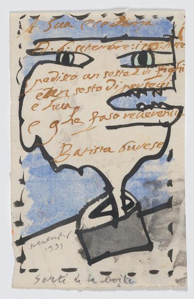 Pierre Alechinsky, Sorti de la boîte, 1991, Oost-Indische inkt en aquarel op een notitie van 6 september 1763, 198 x 125 mm Schenking van de kunstenaar, 2020 Koninklijke Musea voor Schone Kunsten van België, Brussel