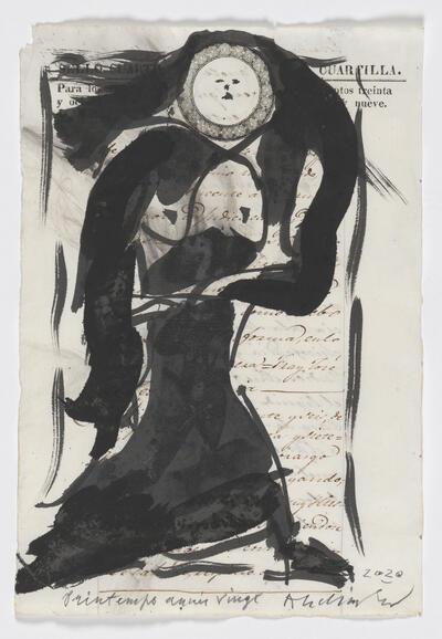 Pierre Alechinsky, Printemps année vingt, 2020, Oost-Indische inkt, gewassen op een negentiende- eeuwse Spaanse registerpagina, 316 x 216 mm Schenking van de kunstenaar, 2020 Koninklijke Musea voor Schone Kunsten van België, Brussel