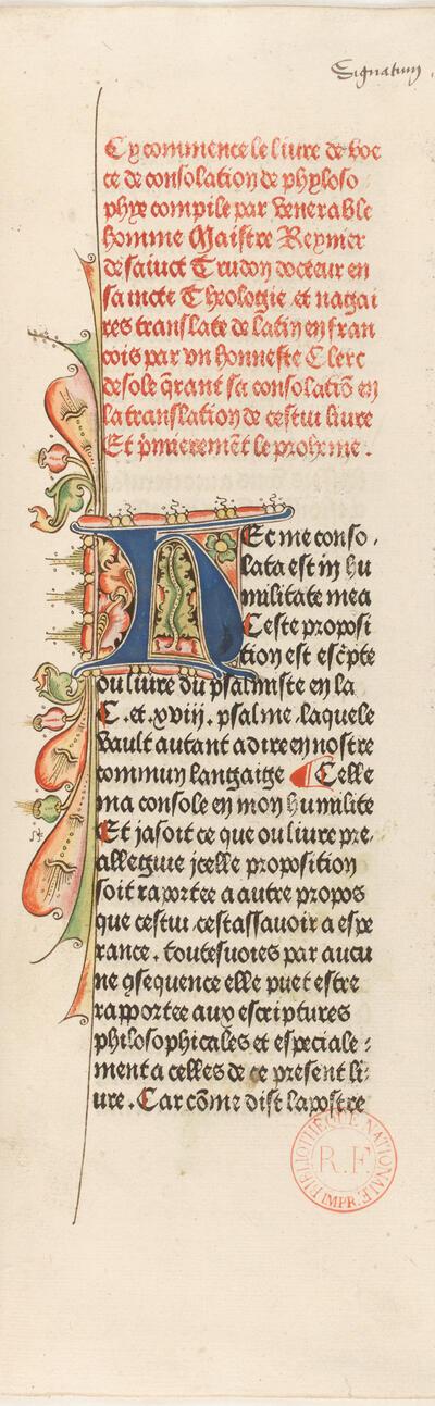 Anicius Manlius Boethius, Consolation de la philosophie (Franse vertaling van De consolatione philosophiae), incunabel, Brugge, Colard Mansion, 1477 Parijs, Bibliothèque nationale de France, Rés. R. 86, f. 1r