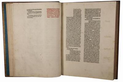 Jean Boutillier, La somme rural, incunabel, Brugge, Colard Mansion, 1479 Deze grote folio is gezet en gedrukt in een gotische rotunda, Mansions tweede font, met ronde vormen en kapitalen in romein Brugge, Openbare Bibliotheek, 3879, f. 10r-11v