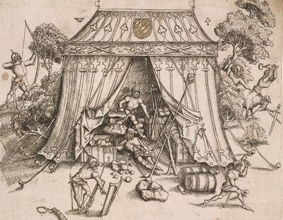Meester WA, Legertent met Bourgondisch Wapenschild, 1465-1490, gravure Wenen, Albertina, inv. nr. DG1928/395