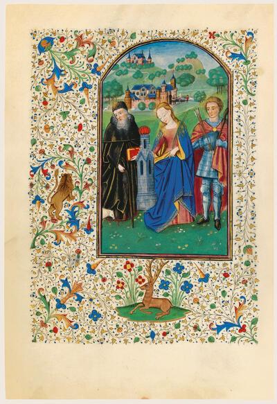 Getijdenboek, Willem Vrelant (miniaturist), manuscript, Brugge, 1460-1469 Het detail van het leeuwtje kopieerde Willem Vrelant van een speelkaart Florence, Biblioteca Medicea Laurenziana, Acquisti e doni 147