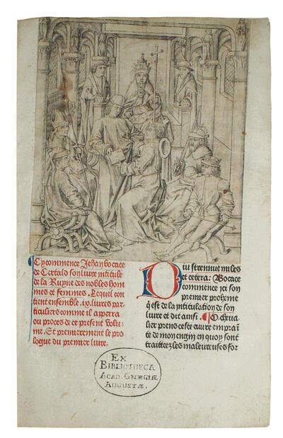 Giovanni Boccaccio, De la ruyne des nobles hommes et femmes (vertaling van De casibus virorum illustrium), incunabel, Brugge, Colard Mansion, 1476 Burton-upon-Trent, Wormsley, The Wormsley Library, inv. nr. RH271/100A, f. 1r