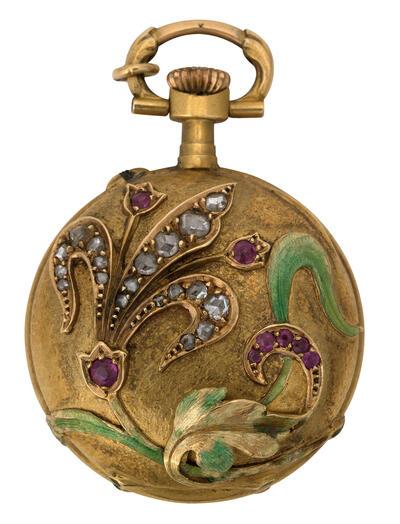 Anonieme meester, art-nouveau-uurwerk, ca. 1900, Zwitserland, goud, diamant, email en robijn Permanente bruikleen van de Sint-Andrieskerk Antwerpen Foto: Hugo Maertens