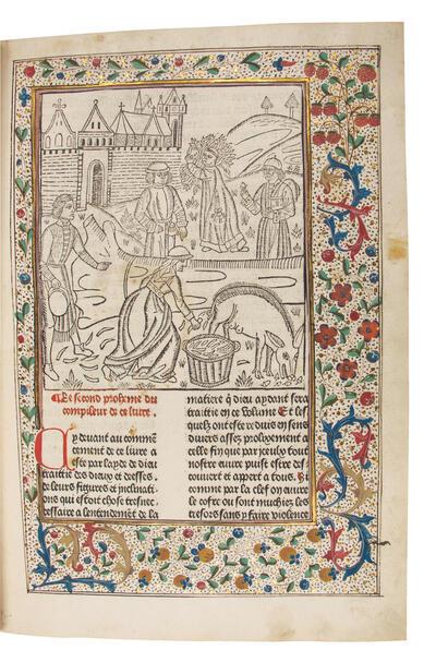 Publius Ovidius Naso, Metamorphose (bewerking door Colard Mansion), incunabel, Brugge, Colard Mansion, 1484 Houtsnede met de legende van de gevallen eik Brugge, Openbare Bibliotheek, 3877, f. 43r