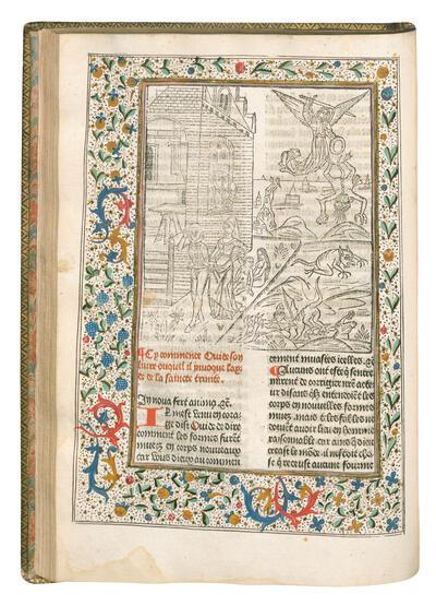 Publius Ovidius Naso, Metamorphose (bewerking door Colard Mansion), incunabel, Brugge, Colard Mansion, 1484 Houtsnede met de gevallen engelen Brugge, Openbare Bibliotheek, 3877, f. 48v