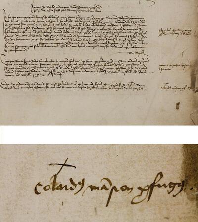 Register met kapittelakten van de Sint-Donaaskerk, Brugge, 1484 Op 9 september 1484 geeft het kapittel van Sint-Donaas de opdracht aan een kapelaan om na te gaan of Colard Mansion, die niet meer in Brugge is, nog zal terugkeren Brugge, Bisschoppelijk Archief, A 56, f. 49r