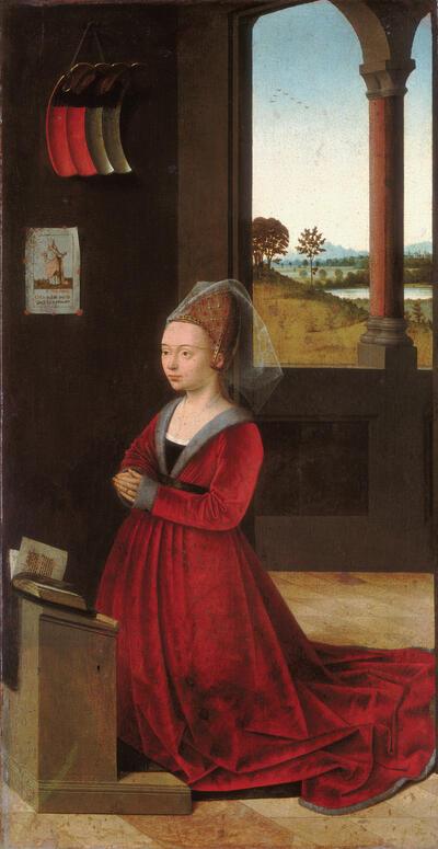 Petrus Christus, Portret van een vrouwelijke schenker, Brugge, ca 1455, olieverf op paneel Achter de biddende vrouw hangt een prent aan de muur National Gallery of Art, Washington, Samuel H. Kress Collection, inv. nr. 1961.9.11