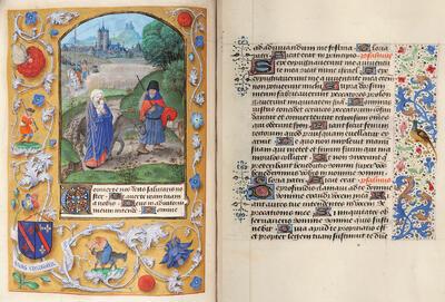 Getijdenboek van Charlotte de Bourbon-Montpensier, 1474-1477 en 1480 (?) De verluchting is een vroege getuige van de zogenaamde Gent-Brugse stijl, met beschilderde randen waarop objecten worden ‘gestrooid’, gedetailleerd en realistisch Alnwick, Alnwick Castle, Duke of Northumberland, Ms. 482, ff. 74 v, 75 r