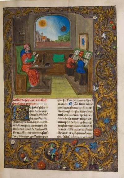 Maynus de Mayneriis, Le dialogue des creatures, (Franse vertaling van Dialogus creaturarum moralisatus door Colard Mansion), manuscript, Brugge (?), ca. 1482 Met een miniatuur van het atelier van Mansion Zwitserland, privébezit, f. 7r