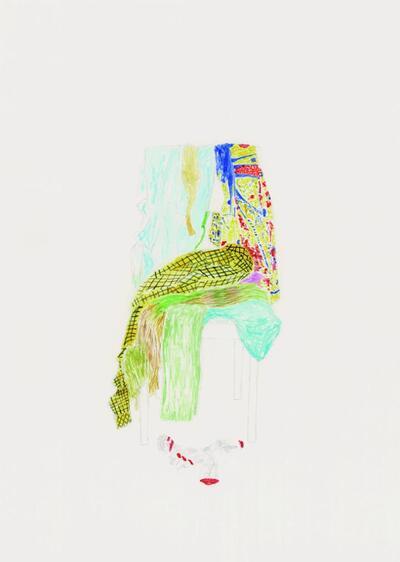 Anne Daems, Stoel Gustave Serrurier - Bovy bedekt met kledingstukken #8, 2019, 36,5 x 26,5 cm (unframed), pencil, watercolor paint on 100% cotton archival quality watercolor paper, courtesy van de kunstenaar en Micheline Szwajcer Antwerpen