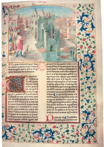 Valerius Maximus, Faits et dits memorable, (Franse vertaling van Facta et dicta memorabilia), incunabel, Brugge, drukker van de Flavius Josephus, Meester van het Dresden gebedenboek (miniaturist), voor 1477 Parijs, Bibliothèque nationale de France, Rés. Z 200, vol II, f. 204r