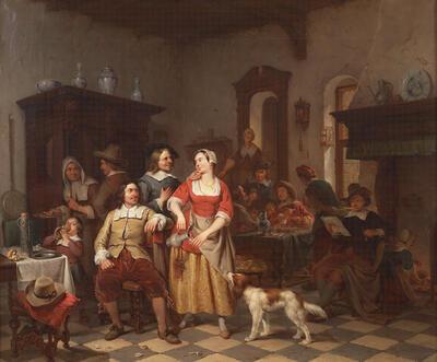 Willem Pieter Hoevenaar, Jan Steen en Frans van Mieris in een herberg, Madou Herbergscene