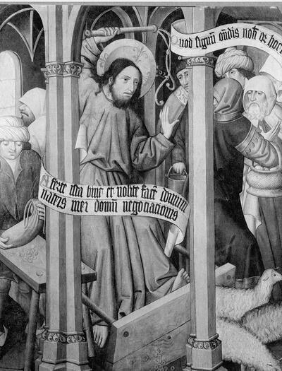 Tweede wereldoorlog, Albrechtmeister, Jezus verjaagt de handelaars uit de tempel, olieverf op paneel,