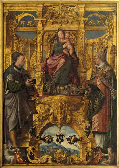 Pieter Pourbus, Lancelot Blondeel, Tronende Madonna met de heiligen Lukas en Eligius, Brugge, 1545, olieverf op doek Brugge, Sint Salvatorskathedraal