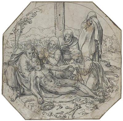 Pieter Pourbus, Ontwerptekening voor een medaillon van de Van Belle-triptiek: Bewening, Brugge, 1555, pen in bruin Parijs, Musée du Louvre