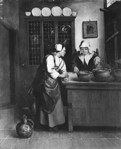 Tweede wereldoorlog, collectie Andriesse, Nicolas Maes, In de winkel, olieverf op paneel