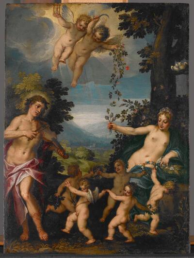 Hendrick De Clerck, Hans Rottenhammer, Apollo, Ceres, Amor en de vier jaargetijden, na 1600, olieverf op koper,  KONINKLIJKE MUSEA VOOR SCHONE KUNSTEN VAN BELGIË, BRUSSEL