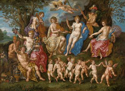 Hendrick De Clerck, Allegorie van de aartshertogelijke deugden, ca. 1600-1605, olieverf op paneel, KONINKLIJK MUSEUM VOOR SCHONE KUNSTEN, ANTWERPEN