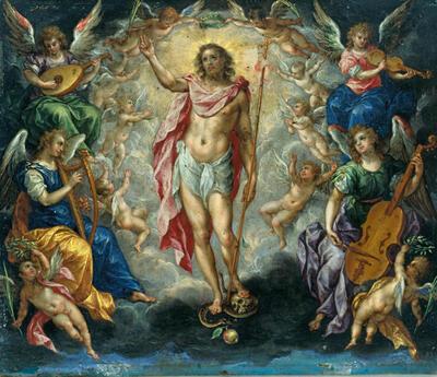 Hendrick De Clerck, Triomferende Christus met musicerende engelen, ca. 1599-1601, olieverf op koper, UNIVERSALMUSEUM JOANNEUM, GRAZ