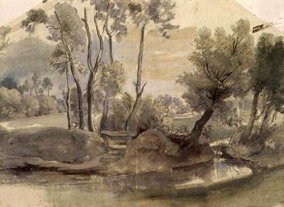 Hermitage, Peter-Paul Rubens, Landschap met een dam, zwart krijt, gouache en tempera, gedoubleerd,