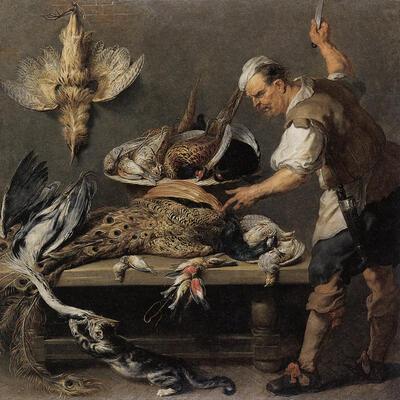 Frans Snijders en  jan Boeckhorst, Kok bij een tafel met gevogelte, olieverf op doek, Hermitage