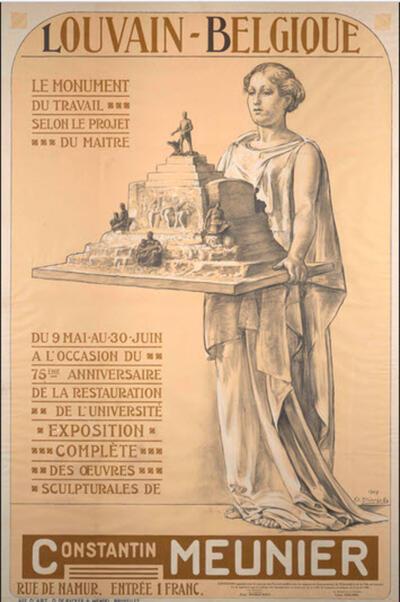 Al meer dan een eeuw geleden kreeg Constantin Meunier een expo in Leuven. Affiche Meunier-tentoonstelling in Leuven, 1909, papier