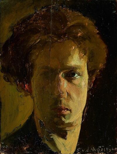 Links: Gustave Van de Woestyne, Zelfportret, 1899-1900, olieverf op paneel, 51,9 x 12 cm Schenking van Huguette Van de Woestyne-Vanagt in 2020
