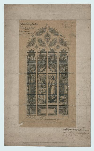 Hoogstraten, Sint-Catharinakerk (Sint-Jozefskapel), ontwerptekening op schaal van het glasraam De Heilige Familie, gesigneerd Jean-Baptiste Capronnier, 1889