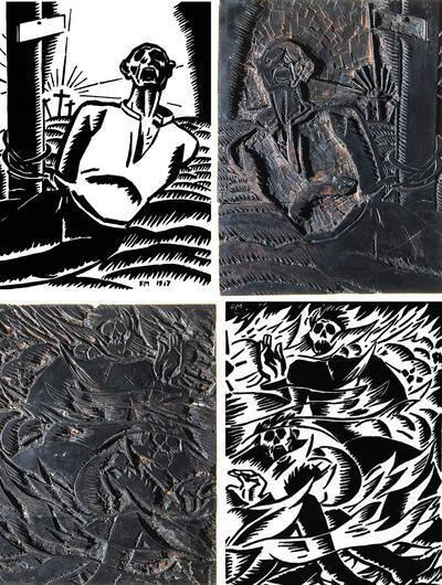 Frans Masereel, Débout les morts – résurrection infernale, 1917, reeks van 10 houtsneden, (houtblokken) AMSAB – Instituut voor Sociale Geschiedenis, Gent