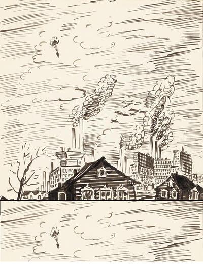 Frans Masereel, Moscou maisons anciennes et nouveaux buildings, 1935, inkt op papier, Frank Hen drickx, Arte Ventuno Archives, Hasselt