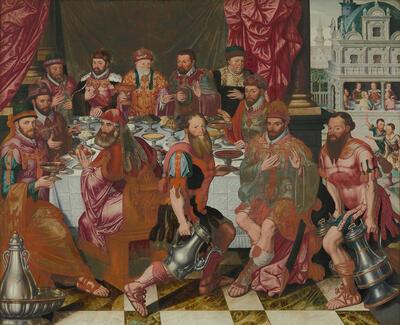 Pieter Pourbus, Antonius Claeissens, Feestmaal van de Stadsfunctionarissen, Brugge, 1574, olieverf op paneel Brugge, Groeningemuseum