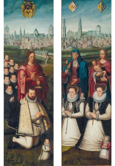 Pieter Pourbus, Antonius Claeissens, Portretten van Juan II Pardo en zijn echtgenotes Anna Ingenieulandt en Maria Anchemant, Brugge, 1580, olieverf op paneel - Brugge, Groeningemuseum