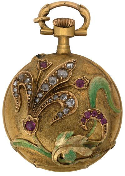 DIVA, Anonieme meester, art-nouveau-uurwerk, 1900, Zwitserland, goud, diamant, email en robijn Permanente bruikleen van de Sint-Andrieskerk Antwerpen 