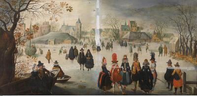 Tweede wereldoorlog, Adam van Breen, Landschap met schaatsers, olieverf op paneel,