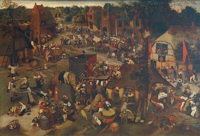 Tweede wereldoorlog restaurateur Jef Van der Veken, Pieter II Brueghel, Kermis met toneel en processie, olieverf op paneel,