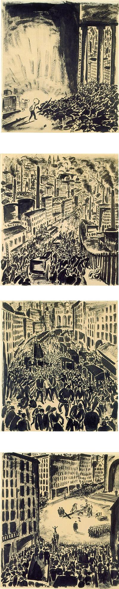 Frans Masereel, Suite Passion moderne, inkttekeningen, Les marchants chassés du temple Nativité Captivité Le crucifié Kunstmuseum Winterthur, Harry en Margrit Joelson