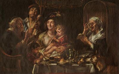 Jacob Jordaens, Soo d'oude songen, soo pepen de jonge, Olieverfschildering op doek,