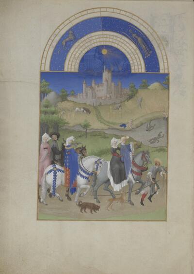 Gebroeders van Lymborch, maandblad augustus met valkenjacht uit Les Très Riches Heures, ca. 1410: valkeniers uit de Lage Landen waren toen in heel Europa beroemd