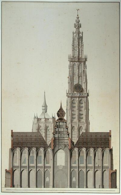 Onze-Lieve-Vrouwekathedraal, Jan Blom, Opmeting van de kathedraal, dwarsdoorsnede op het transept, 1816 ANTWERPEN, MUSEUM PLANTIN-MORETUS/COLLECTIE PRENTENKABINET -  UNESCO WERELDERFGOED,