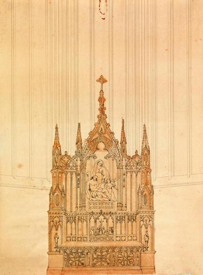 Frans Baeckelmans, Ontwerp voor het neogotische west-doksaal, 1890. Voor dit ‘meer passende’  neogotische ontwerp verdween het neoklassieke doksaal uit 1805, Onze-Lieve-Vrouwekathedraal,