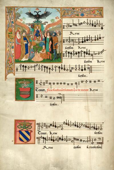 Mechelen, SA, ms. s.s., fol. 1v, openingspagina van het Mechels Koorboek, met een politiek-allegorisch miniatuur van de jonge aartshertog Karel (de latere koning en Keizer Karel) op de troon, ca. 1515, petrus alamire,
