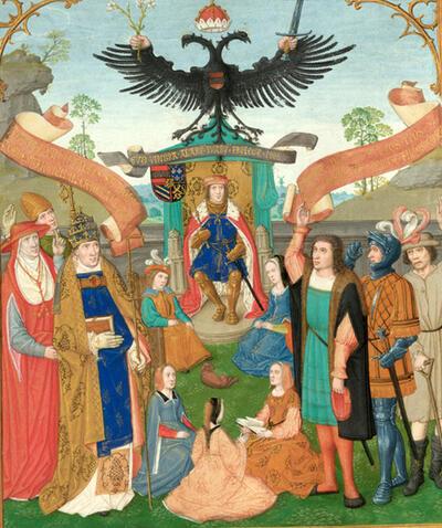 Mechelen, SA, ms. s.s., fol. 1v, detail uit de openingspagina van het Mechels Koorboek, met een politiek-allegorisch miniatuur van de jonge aartshertog Karel (de latere koning en Keizer Karel) op de troon, ca. 1515