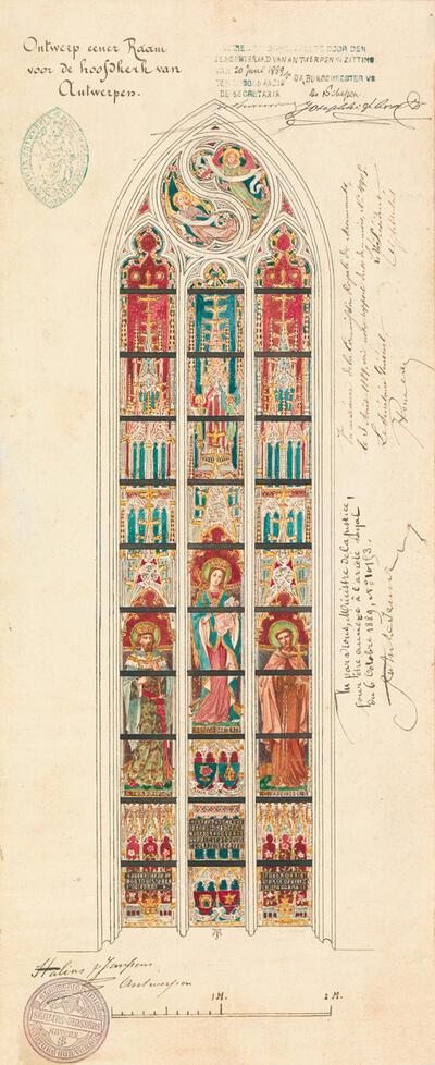 August Stalins & Alphonse Janssens, Ontwerp voor het glasraam met Onze-Lieve-Vrouw, de Heilige Ferdinandus en de Heilige Franciscus van Assisi, 1889, Antwerpen, Kathedraalarchief (in depot bij het architectuurarchief Provincie Antwerpen)., Onze-Lieve-Vrouwekathedraal,