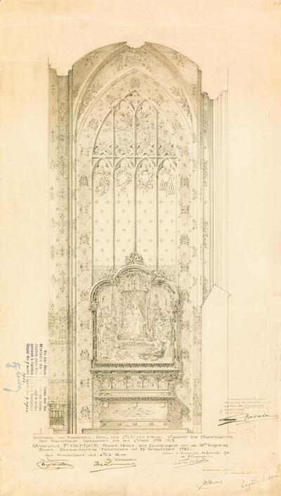 Jaak Alfons Van der Gucht, Ontwerp voor het altaar en de decoratie van de kapel van Onze-Lieve-Vrouw van de Vrede, 1921, Antwerpen, Kathedraalarchief (in depot bij het Architectuurarchief Provincie Antwerpen), Onze-Lieve-Vrouwekathedraal,