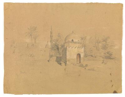 Jean Portaels, Gezicht op Bulaq, [1846], graﬁetpotlood met wit pastel gehoogd op papier, Koninklijke Musea voor Schone Kunsten van België, Brussel, 