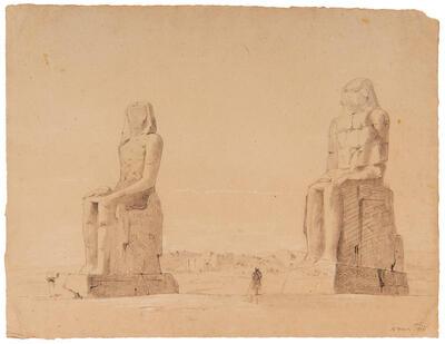 Jean Portaels, De Kolossen van Memnon in Thebe, 1846, potlood op papier,