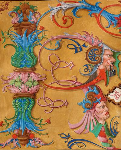 Brussel, KBR, ms. 15075, fol. 64v, K-initiaal, detail, Petrus Alamire