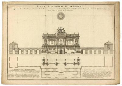 George Vertue, Plattegrond en aanzicht van de tijdelijke architectuur voor het vuurwerk van 1749; mogelijk werd deze gravure door Servandoni zelf aan de hertog geschonken als relatiegeschenk.